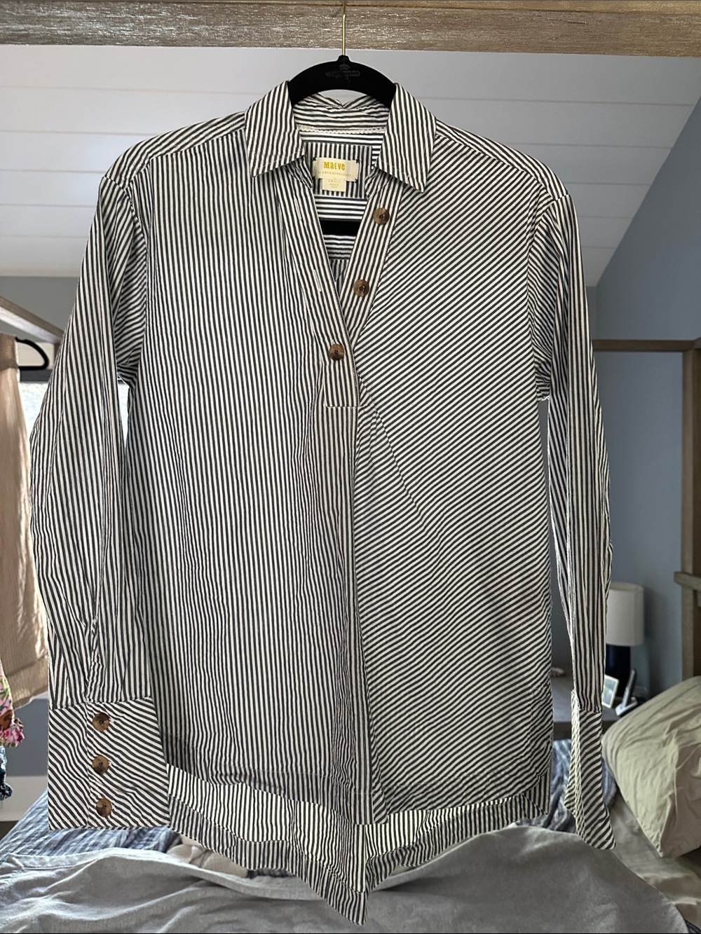 Striped Navy & White Women’s Quarter Button Shirt